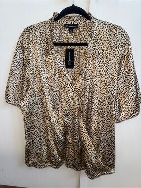INC Faux Wrap Short Sleeves Animal Print Blouse Ruffled High V Neck Size 3X